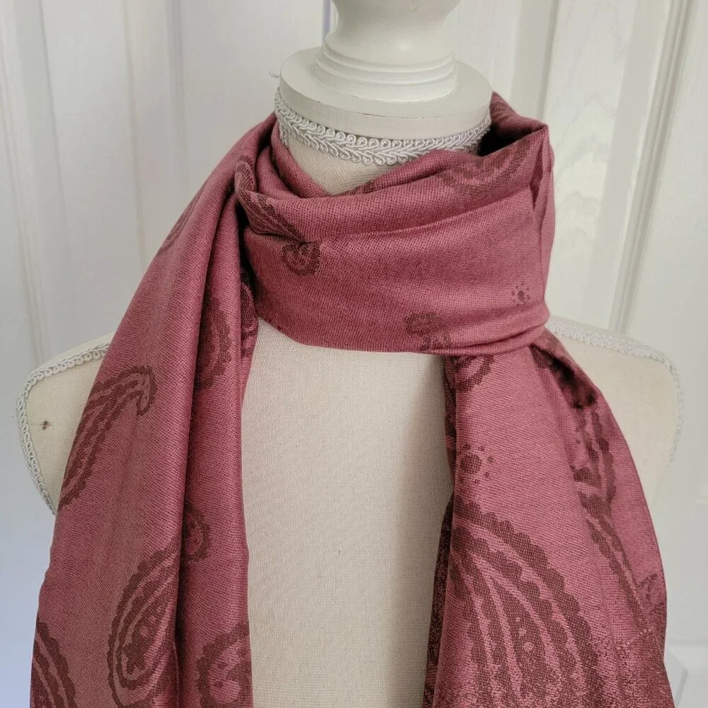 Victoria Harbour Scarf‎ Dark Rose Pink Paisley Jacquard Fringed Shawl Scarf NEW